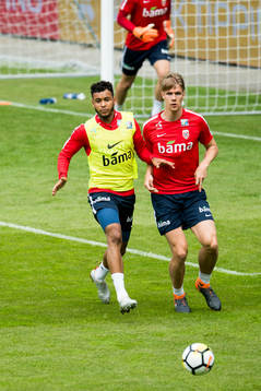 Joshua King and Kristoffer Ajer of Norway