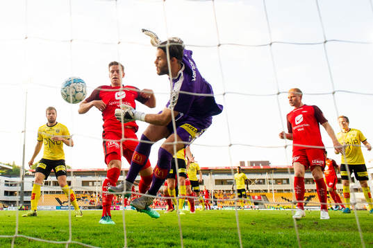 Jonas Grønner of Brann scores a disallowed goal behind