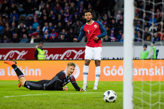 Joshua King of Norway scores the 2-2 goal behind goalkeeper