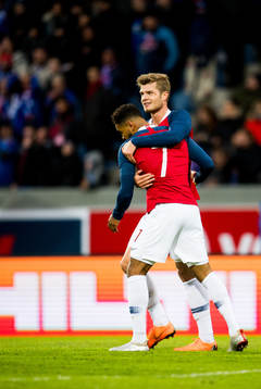 Alexander Sørloth and Joshua King of Norway celebrate