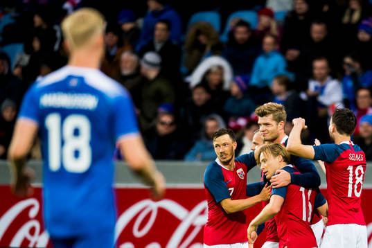 Alexander Sørloth of Norway celebrates with his teammate