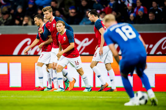 Alexander Sørloth of Norway celebrates with his teammate