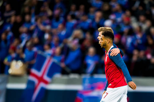Alexander Sørloth of Norway celebrates with Joshua King of