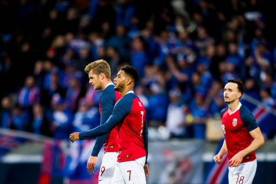Alexander Sørloth of Norway celebrates with Joshua King of
