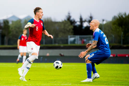 Stefan Johansen of Norway and Emil Hallfreðsson of Iceland