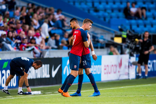 Bjørn Maars Johnsen and Alexander Sørloth of Norway