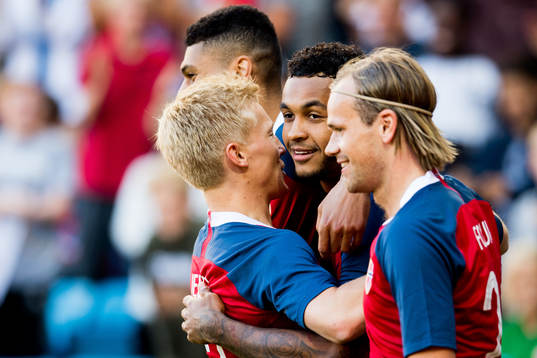 Joshua King of Norway celebrates the 1-0 goal with his
