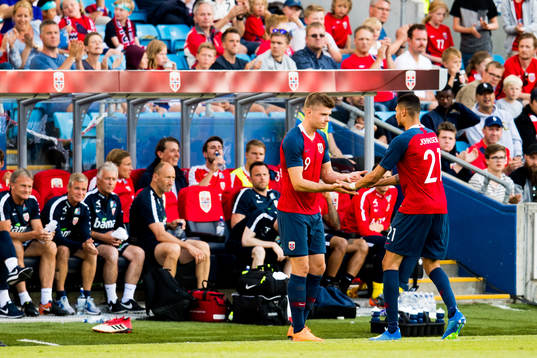 Alexander Sørloth and Bjørn Maars Johnsen of Norway