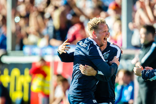 Christian Michelsen, head coach of Kristiansund, celebrates