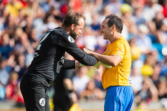 Goalkeeper Thomas Myhre of Norway and Edmundo of Brazil