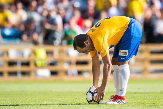 Edmundo of Brazil prepares to shoot a penalty kick