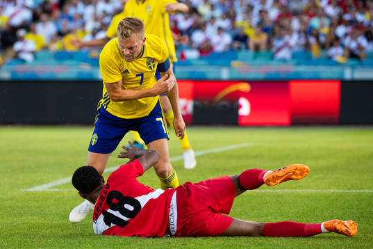 Sebastian Larsson of Sweden reacts at André Carrillo of