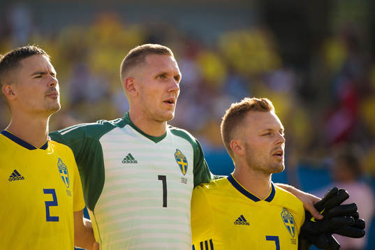Mikale Lustig, Robin Olsen and Sebastian Larsson of Sweden
