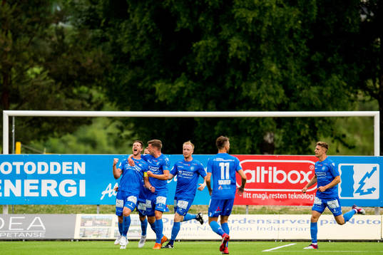 Steffen Jenssen of Notodden celebrates scoring a disallowed