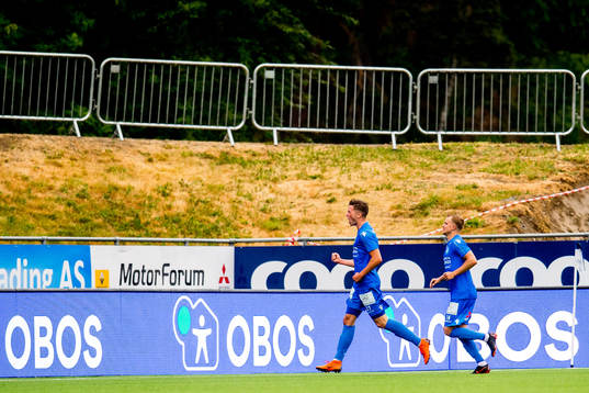Erlend Hustad of Notodden celebrates scoring 1-0