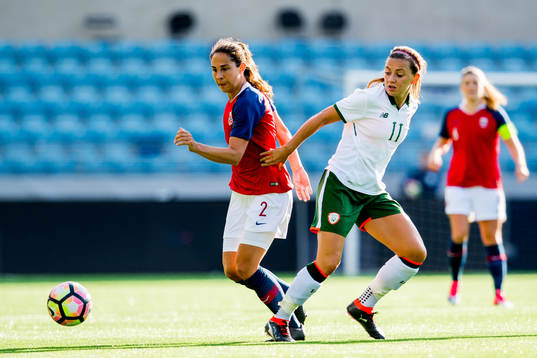 Ingrid Moe Wold of Norway and Katie McCabe of Ireland