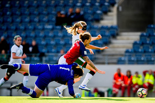 Isabell Lehn Herlovsen of Norway is brought down by