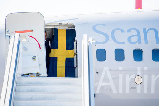 A Swedish flag inside the SAS 737-800 when the Swedish