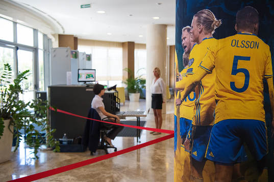Security screening devices in front of images of Swedish