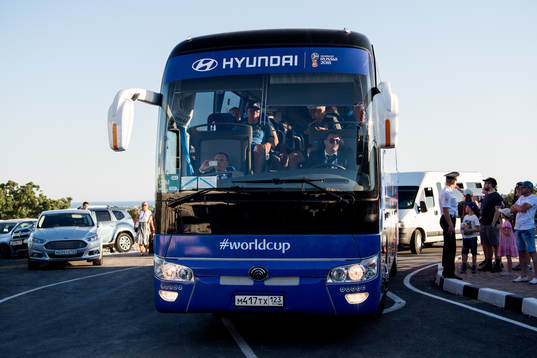The Swedish team bus with head coach Janne Andersson of