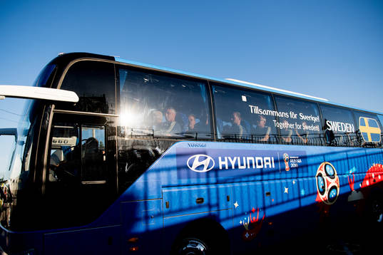 The Swedish team bus arrives to the practice session prior