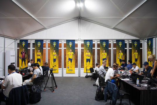 Journalist working in a media center