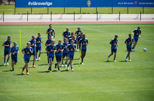 General view of the Swedish national football team warming
