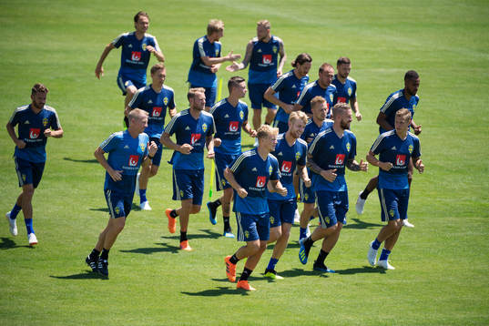 General view of the Swedish national football team warming