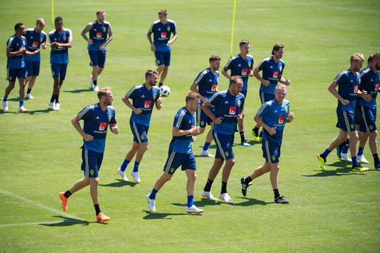 General view of the Swedish national football team warming