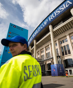 A security guard outside Luzhniki Stadium prior the FIFA