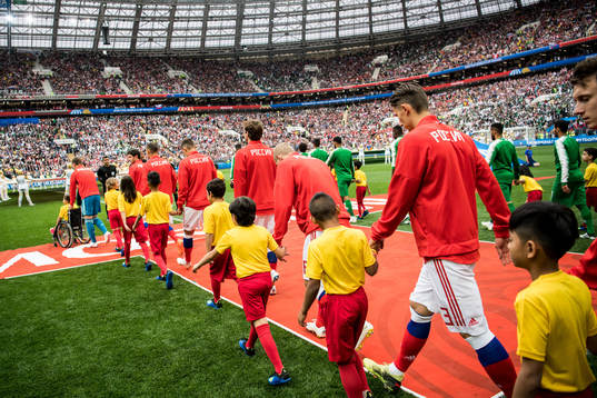 The players enters the pitch prior the FIFA World Cup group