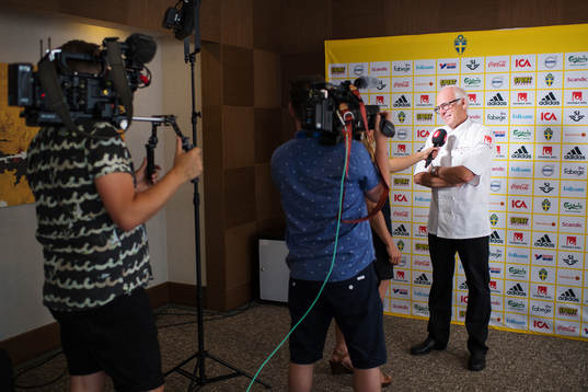 Chef Mats Broström is being interviewed by media at a