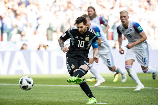 Lionel Messi of Argentina misses a penalty