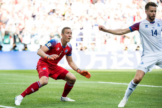 Goalkeeper Hannes Halldorsson and Kari Arnason of Iceland
