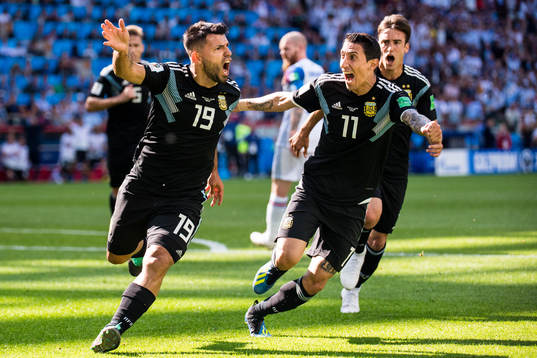 Sergio Aguero and Angel Di Maria of Argentina celebrates