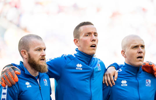Aron Gunnarsson, goalkeeper Hannes Halldorsson and Emil