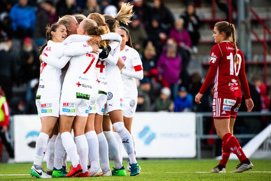 Rosengårds spelare jublar och Piteås Andrea Norheim deppar