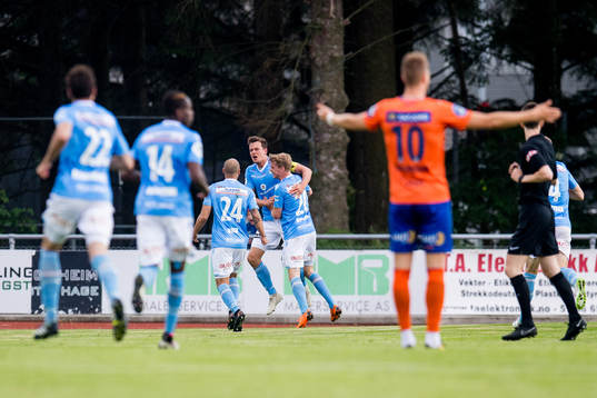 Niels Vorthoren of Sandnes Ulf celebrates with his teammates