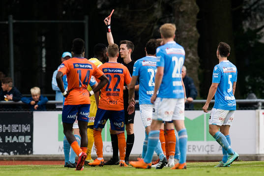 Goalkeeper Arnold Origi of Sandnes Ulf is given a red card