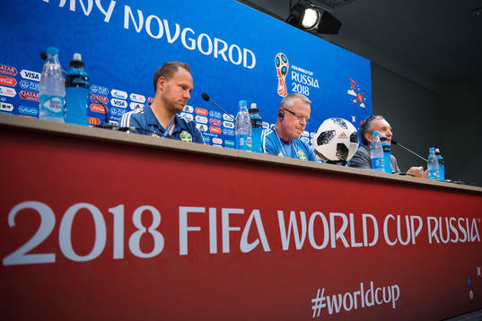 Andreas Granqvist and head coach Janne Andersson of the