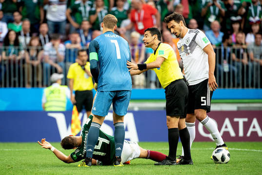 goalkeeper Manuel Neuer of Germany and Javier Hernandez of