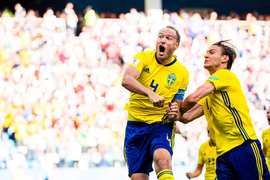 Andreas Granqvist and Albin Ekdal of Sweden celebrates the
