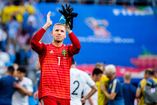 goalkeeper Robin Olsen of Sweden celebrates