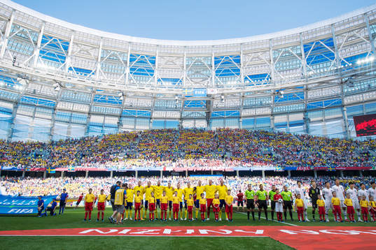 Players of team Sweden and South Korea are lined up
