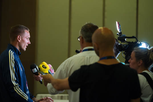 Robin Olsen of the Swedish national football team is being