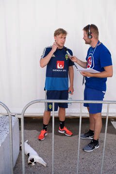A cat lies in front of Emil Forsberg of the Swedish