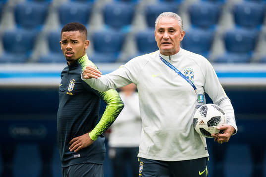 Gabriel Jesus and head coach Tite of Brazil