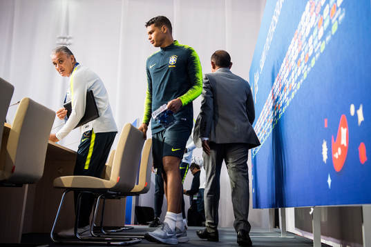 Head coach Tite and Thiago Silva of Brazil arrives to a