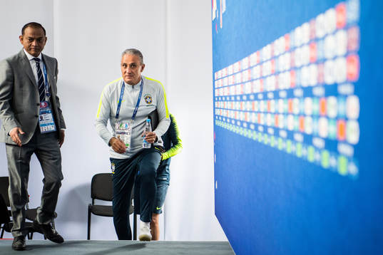 Head coach Tite of Brazil arrives to a press conference