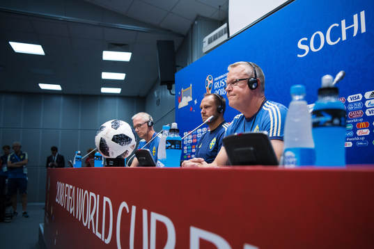 Andreas Granqvist and head coach Janne Andersson of the